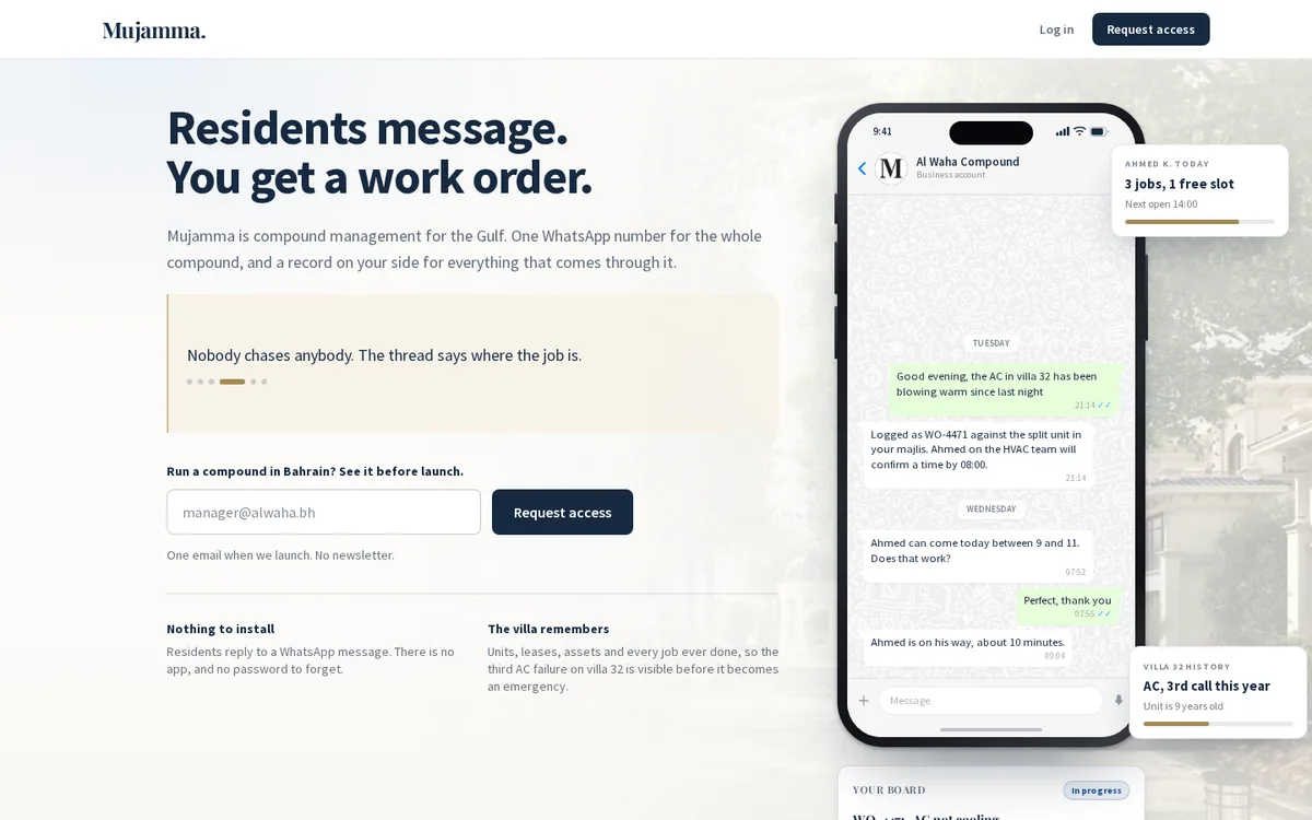 Mujamma homepage: Residents message. You get a work order.